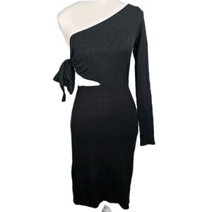 Flynn Skye Black One Shoulder Cutout Ribbed Long Sleeve Midi Dress Medium